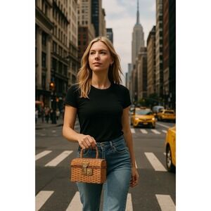 Jana Italy Woven Wicker Box Purse bag  Brass Lock Top Handle Satchel Bag Vintage